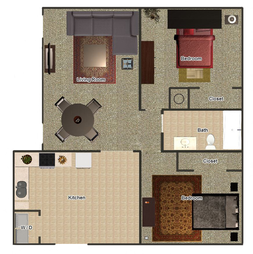 Floor plan for 2 beds, 1 bath, 865 sqft